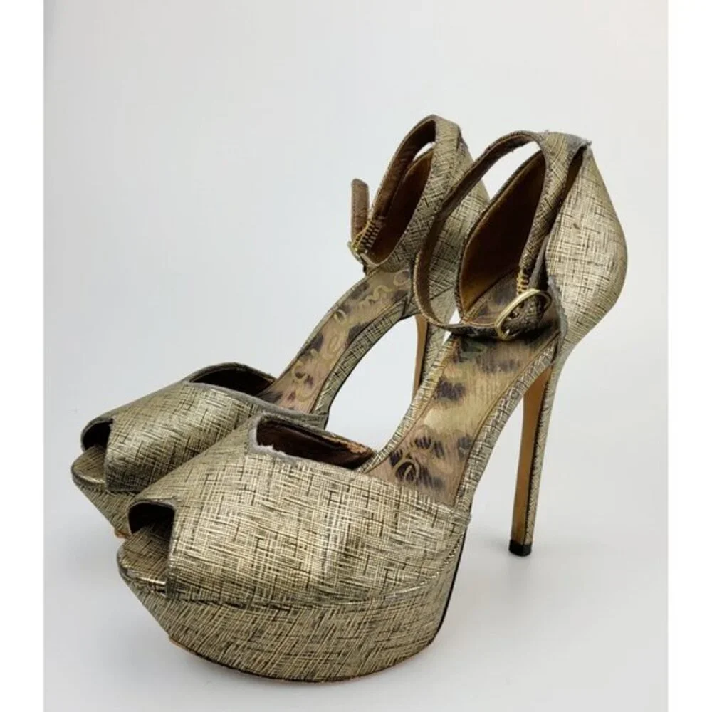 Y2K Platform Heels Sam Edelman Sandals 6 Gold Glam Crosshatch‎ Peep Toe Stiletto
